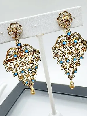 Vintage Gold Turquoise Glass Bead Earrings Dangle Drop Screwback Gorgeous!! • $45