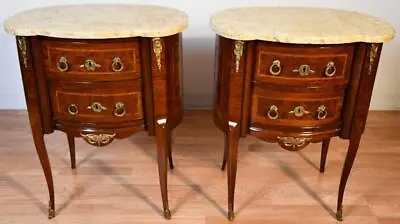 1890 Antique French Louis XV Walnut Inlaid Marble Top Nightstands Bedside Tables • $2700