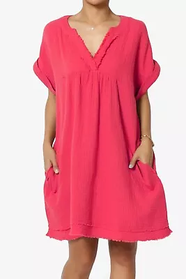 TheMogan Casual Loose Short Sleeve V Neck Cotton Gauze Babydoll Shift Mini Dress • $27.99