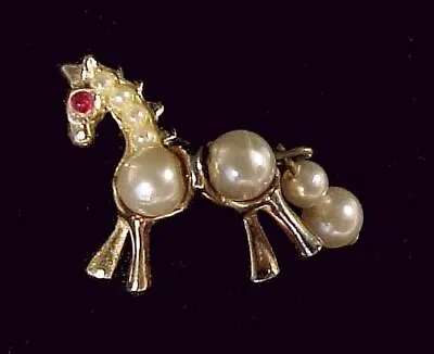 Pony Pin Brooch W/ Bangle Tail Vintage Horse Faux Pearl Red Rhinestone Gold Tone • $6.95