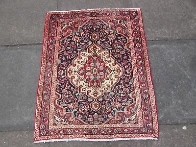 Fine Vintage Hand Made Traditional Oriental Wool Faded Blue Small Rug 96x77cm • £95