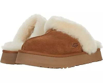 Women's Shoes UGG DISQUETTE Platform Sheepskin & Suede Slippers 1122550 CHESTNUT • $104