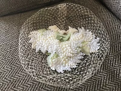 Vintage Woman's White Netting With White Floral Topper Hat - Free Postage • $16.50