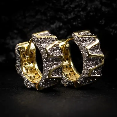 Men's Iced Cz Thick Two Tone Gold 925 Sterling Silver Huggie Hoop Earrings • $16.99