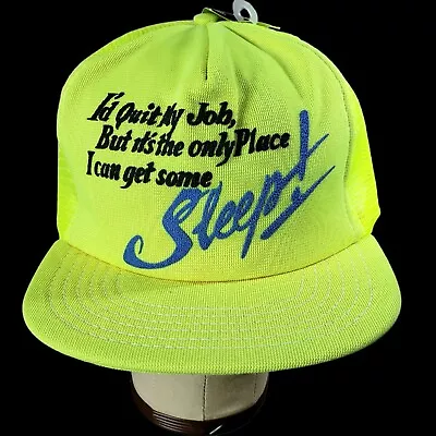 80s Vintage Funny Trucker Hat Sleep At Work Snapback Ball Cap Neon Yellow NOS • $15.61