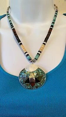 VTG Santo Domingo Turquoise Silver Inlay Decorated Shell Pendant Necklace • $170