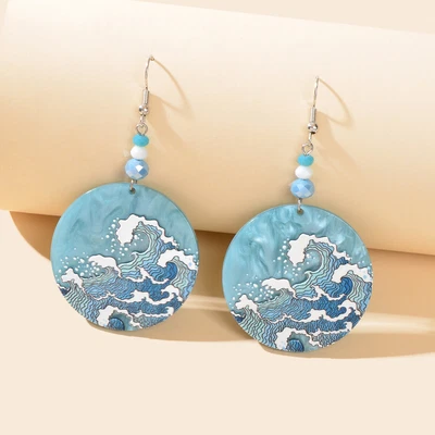 $1.99 • Buy Ethnic Style Jewellery Blue Sea Wave Pattern Round Dangle Earrings For Holiday
