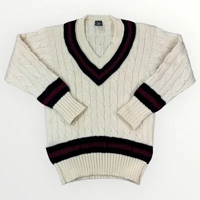 Vintage J Press Wool Sweater V-Neck Cricket Cable Knit Cream Pullover • $144.99