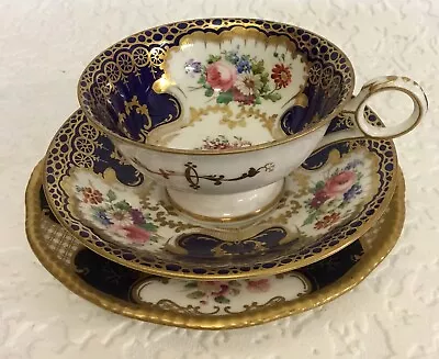 Antique Coalport Cup & Saucer Trio Cobalt Blue Gold & Hand Painted Flower Detail • £24.99