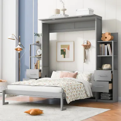 Queen Size Murphy Bed Wall Bed With Storage Shelve And LED Lights Chest Cabinets • $1439.99