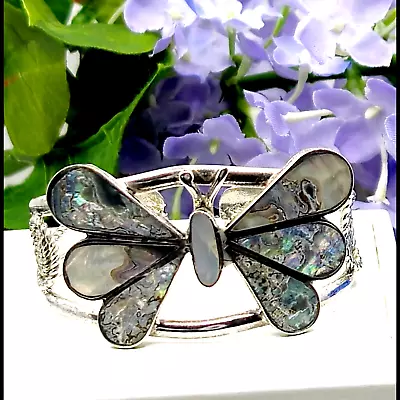 Vtg Alpaca Mexico Bracelet Abalone Butterfly Silver Tone Cuff Inlay Spring • $32