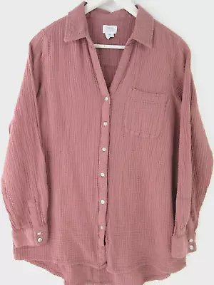 Sigrid Olsen Blouse Women's M Mauve Pink Cotton Gauze Top Waffle Weave Shirt • $14.27