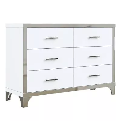 Chic Mirrored Dresser: 6-Drawer Storage Cabinet High Gloss Finish - White • $357.99
