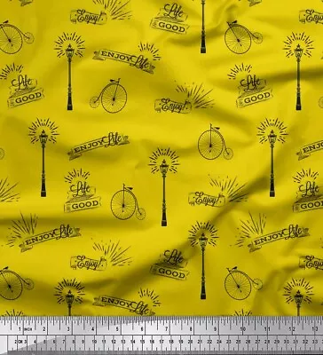 Soimoi Yellow Cotton Poplin Fabric Street Lamp & Vintage Cycle Text-wsF • $14.35