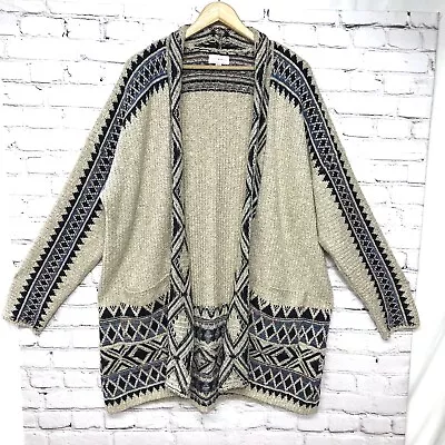 Lucky Brand Tribal Printed Aztec Long Sleeved Taupe Cardigan Sweater 2X • $32.99