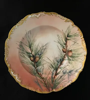Rare T&V Limoges Porcelain Bowl 9  Pinecones Pink Gold France 1892-1907 • $50
