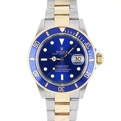 PAPERS Rolex Submariner NO-HOLES Two-Tone GOLD BUCKLE Blue 40mm 16613 Watch BOX • $10493.01