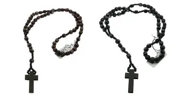 Wooden Rosary Bead Necklace With Cross Dark Brown & Black Womens Mens 47cm • $1.64