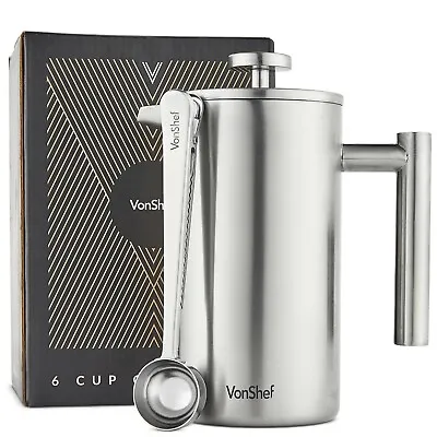 Cafetiere French Press VonShef 6 Cup Double Wall Stainless Steel Coffee Maker • £26.99