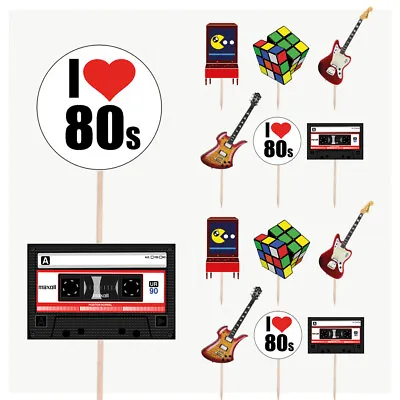 80's Retro Party Birthday Cupcake & Party Food Toppers Decorations Picks 14 Pack • £5.99