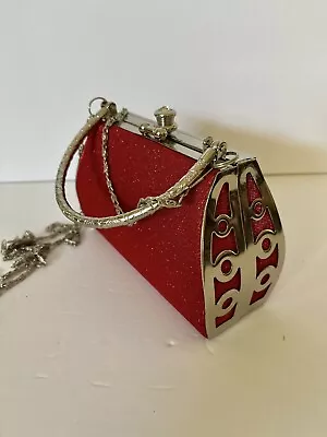 Vintage Red Glitter Hand Bag Purse W/ Silver Metal Scroll And Bling • $39.03