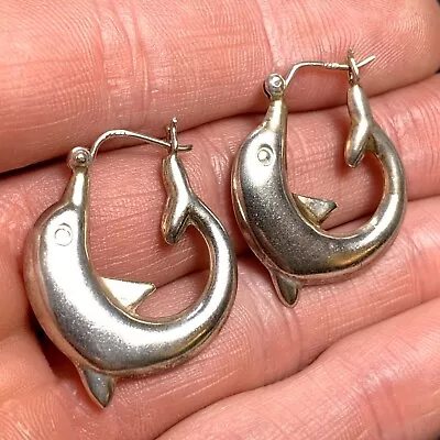 Vintage Sterling Silver 925 Dolphin Design Hoop Earrings Hinged Posts 1.25'' • $29