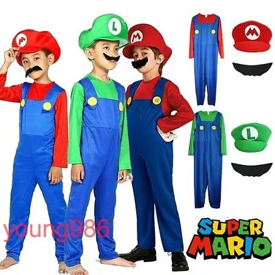 Boys Kids SUPER Mario Luigi Fancy Dress Costume Childrens Cosplay Outfit S-XL • £11.93