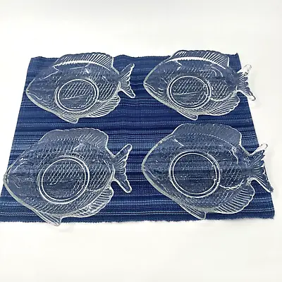 Vintage Glass Fish Plates Made In Brazil Clear 8.5  X 6.5  Set Of 4 Stackable • $25.64
