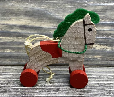 Vtg Christmas Ornament Wooden Horse On Wheels Red Saddle & Wheels Green Mane 2” • $14.99