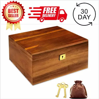 Wooden Storage Box With Hinged Lid And Locking Key - Large Premium Acacia Keepsa • $52.51