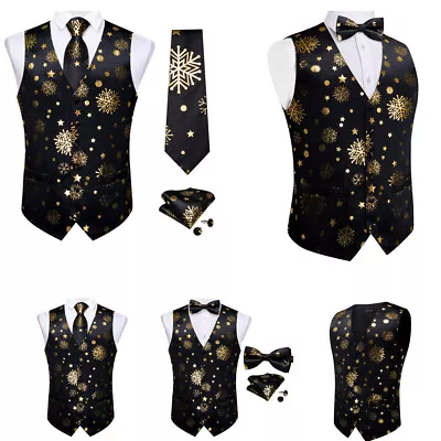 Christmas Black And Gold Mens Suit Waistcoats Grey Floral Business Vest Tie Set • $19.99