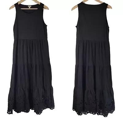 J.CREW Women's Black Sleeveless Tiered Eyelet Maxi Dress Sz M Crewneck Cotton • $34.99