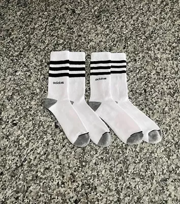 2 Pairs Adidas White Crew Socks Size 6-10  Three Stripes Cushioned New Genuine • $11