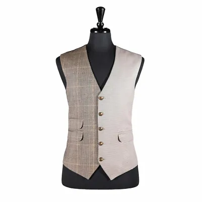 Mens Vest Suit Beige Plaid Check Wool Contrast Formal Wedding Waistcoat Large 42 • $39.99
