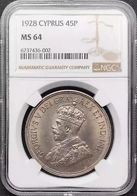 NGC MS64 Cyprus 1928 Silver Coin 45 Piastres • $970