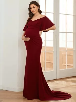 Women's V-Neck Off-Shoulder A-Line Fishtail Maternity Dress Burgundy Size 12 • £32.99