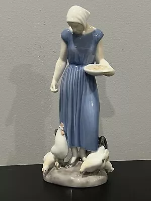 B & G Copenhagen Porcelain Girl Feeding Chickens 2220 5 Figurine 9  Tall • $75