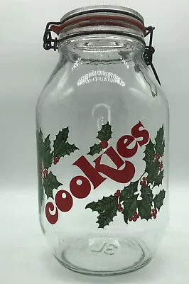 Clear Glass Christmas Cookie Jar Hinged Lid  Holly Berries 11” 3L • $20