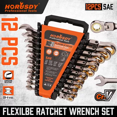 12PC Flex-Head Ratcheting Wrench Set Set W/ Organizer Metric/SAE 8-9mm 1/4”-7/8“ • $47.99