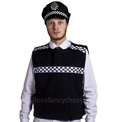 Adult Police Costume Stab Vest And Panda Cap Hat Fancy Dress Swat British Copper • £18.99
