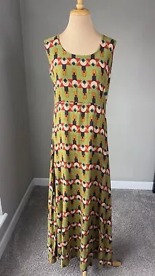 Vintage Geometric Print Olive Green Sleeveless Lagenlook Maxi Dress Women's M • $24.99