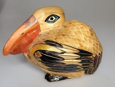 Vintage Hand Carved Shaved Bamboo Hand Painted Pelican Trinket Box • $9.75