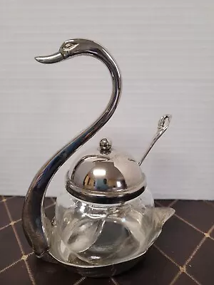 VINTAGE (1960's Oneida ?) Swan Condiment Set -Covered Glass Jar & Matching Spoon • $21.85