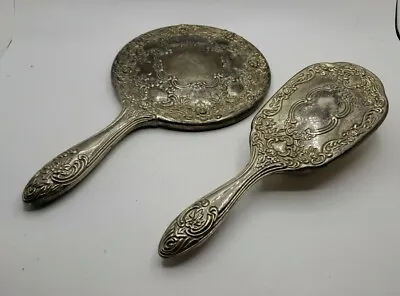 Vintage Silver Plate Hair Brush And Hand Held Mirror Vanity Set • $22.99