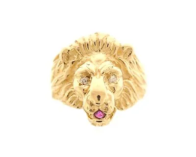 $950 • Buy Vintage 14k Yellow Gold Lion Head Ring W/ Round Diamonds & Ruby In Mouth
