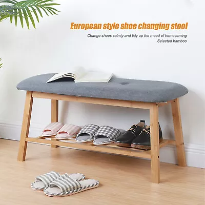 Shoe Bench Small Entryway Storage Rack Natural Bamboo Cushion Seat Shoes Stool • $38.95