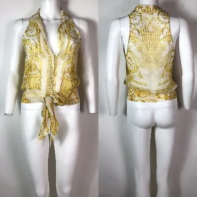 Rare Vtg Gianni Versace Yellow Gold Greek Key Print Silk Sleeveless Top XS • $298