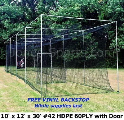 Batting Cage Net 10' X 12' X 30' #42 HDPE (60PLY) With Door Heavy Duty Baseball  • $352.99