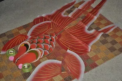Vintage Chinese Silk And Bamboo KOI Fish Kite Red And Gold With Pom Poms • $55