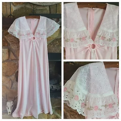 Vtg 70s Pink Maxi Dress Prom Cottagecore Eyelet Floral Flutter Sleeves Keyhole L • $44.99